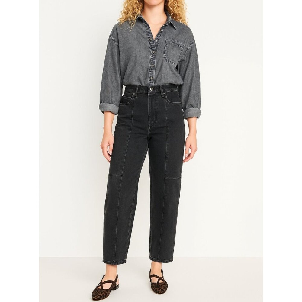 Old Navy 10 Petite High-Rise Barrel Leg Jeans Black Cotton Blend